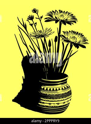 Schwarze grafische Konturzeichnung eines Blumenstraußes auf gelbem Hintergrund, Design Stockfoto