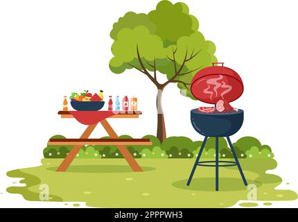 BBQ oder Barbecue mit Steaks on Grill, Toaster, Tellern, Wurst, Huhn und Gemüse in flachem Hintergrund Cartoon Illustration Stock Vektor