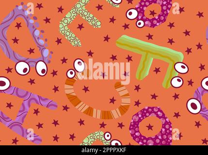 Zeichentrickfilm englische Buchstaben nahtlose Monster mit Augenmuster für Kinderbekleidung und Accessoires, Bettwäsche und Stoffe und Kindergarten-Tex Stockfoto