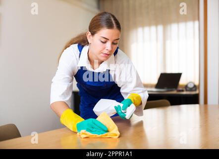 Junge weibliche Hausmeisterin Staub Möbel im Büro mit Reinigungsgeräten Stockfoto