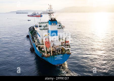 Kassos, Tankschiff für Massengut, registriert in Limassol, Zypern. Als Meer im Hafen von Gibraltar. imo 9382164 Kassos-Navigation. MMM Marine. Die Britischen Überseegebiete Stockfoto