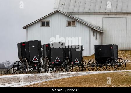 Buggys, die vor einer Scheune in einer Amish-Gemeinde in Zentral-Michigan, USA, geparkt sind [Keine Eigentumsfreigabe; nur redaktionelle Lizenzierung] Stockfoto