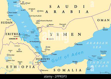 Golf von Aden, Verbindung zwischen dem Roten Meer und dem Arabischen Meer, politische Karte Stock Vektor