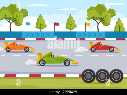 Formula Racing Sport Car Reach on Race Circuit die Ziellinie Cartoon Illustration, um die Meisterschaft in Flat Style Design zu gewinnen Stock Vektor