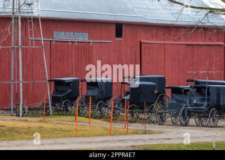 Treffen von Amish-Männern auf einem Bauernhof in einer Amish-Gemeinde in Zentral-Michigan, USA [Keine Veröffentlichung von Grundstücken; nur redaktionelle Lizenzierung] Stockfoto