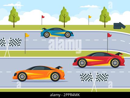 Formula Racing Sport Car Reach on Race Circuit die Ziellinie Cartoon Illustration, um die Meisterschaft in Flat Style Design zu gewinnen Stock Vektor