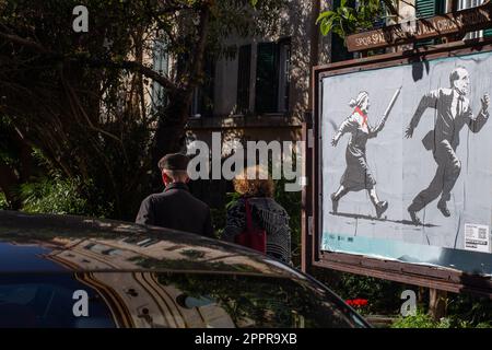 Rom, Italien. 24. April 2023. Wandbild des italienischen Straßenkünstlers Laika im Stadtteil Garbatella von Rom anlässlich des Befreiungstages vom Nazifaschismus (Kreditbild: © Matteo Nardone/Pacific Press via ZUMA Press Wire) NUR REDAKTIONELLE VERWENDUNG! Nicht für den kommerziellen GEBRAUCH! Stockfoto