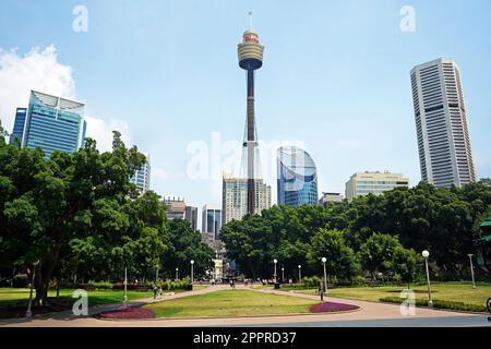 Sydney, NSW/Australien - 14/12/2019: Blick auf den Sydney Tower vom Hyde Park. Stockfoto