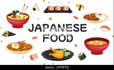 Japanische Lebensmittel Cartoon Illustration mit verschiedenen köstlichen Gerichten im Restaurant wie Sushi auf einem Teller, Sashimi Roll und andere in Flat Style Stock Vektor