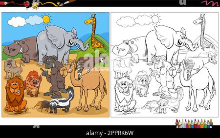Zeichentrickfilme, Wildtierfiguren, Seite zum Ausmalen der Gruppe Stock Vektor