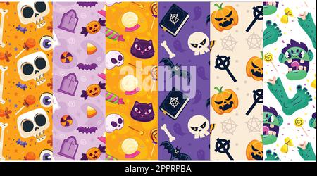 Nahtlose Halloween-Muster mit niedlichen Cartoon-Figuren und -Symbolen Stock Vektor
