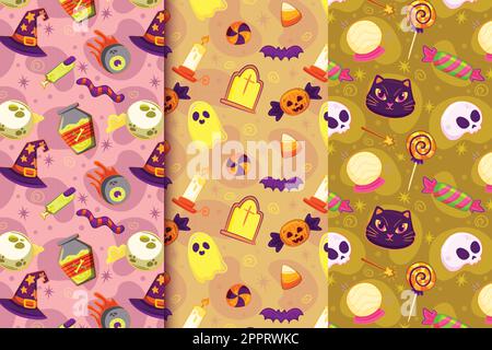 Set aus drei Mustern mit handgezeichneten halloween-Elementen Stock Vektor