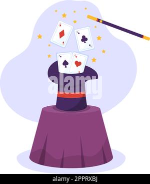 Zauberer Illusionist beschwört Tricks und winkt einen Zauberstab über seinen geheimnisvollen Hut auf einer Bühne in Template Hand Drawn Cartoon Flat Illustration Stock Vektor