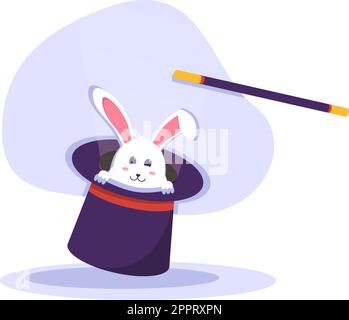 Zauberer Illusionist beschwört Tricks und winkt einen Zauberstab über seinen geheimnisvollen Hut auf einer Bühne in Template Hand Drawn Cartoon Flat Illustration Stock Vektor