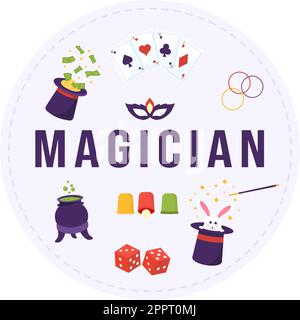 Zauberer Illusionist beschwört Tricks und winkt einen Zauberstab über seinen geheimnisvollen Hut auf einer Bühne in Template Hand Drawn Cartoon Flat Illustration Stock Vektor