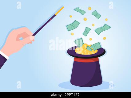 Zauberer Illusionist beschwört Tricks und winkt einen Zauberstab über seinen geheimnisvollen Hut auf einer Bühne in Template Hand Drawn Cartoon Flat Illustration Stock Vektor