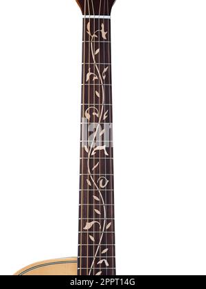 Gitarreneinlage, Blumeneinlage auf dem Fingerboard, mit Clipping-Pfad, isoliert auf weißem Hintergrund Stockfoto