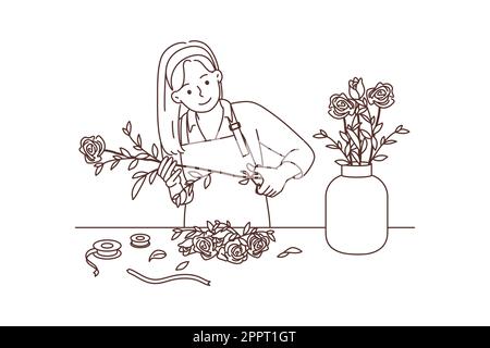 Weibliche Florist arbeiten mit Blumen in Werkstatt Stock Vektor