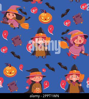 Süßer Halloween-Kürbis und nahtloses Hexenmuster Stock Vektor