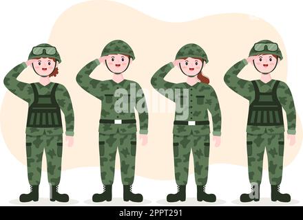 Military Army Force Template Handgezeichnete niedliche Cartoon flache Illustration mit Soldat, Waffe, Panzer oder schwerer Schutzausrüstung Stock Vektor