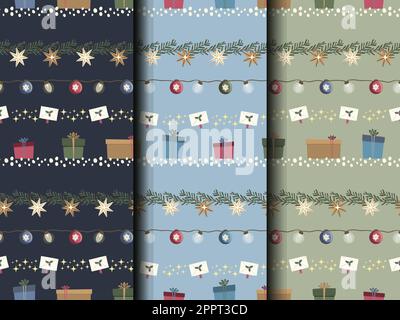 Weihnachtliches, nahtloses Muster-Set mit Geschenken und Holly Stock Vektor
