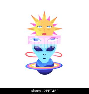 Weltraumpsychedelische Zusammensetzung von Alienkopf, Planet, Sonne, weiblichen Augen isoliert auf weißem Hintergrund. Zeitgenössische Kunst. Kosmisches, surreales, futuristisches Design. Notizbuch-Cover, Poster, Aufdruck auf T-Shirt Stock Vektor