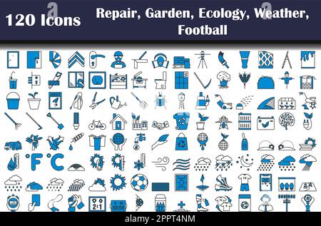 120 Symbole Für Reparatur, Garten, Ökologie, Wetter, Fußball-Fans Stock Vektor