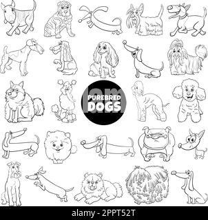 Schwarz-weiße Cartoon-Figuren aus reinrassigen Hunden und Welpen Stock Vektor