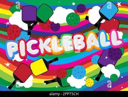 Pickleball. Wort mit Kinderschrift im Cartoon-Stil geschrieben. Stock Vektor