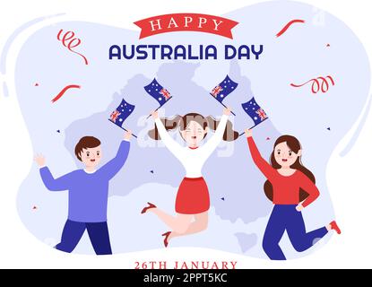 Happy Australia Day findet jedes Jahr am 26.. Januar statt, mit Flaggen und einer Karte zur Vielseitigkeit der Menschen in flachem Cartoon, handgezeichnete Vorlage Stock Vektor