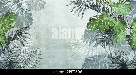 Auf Betonhintergrund tropische Monstera-Blätter und Palmenblätter mit schwarzen und weißen Linien Stockfoto