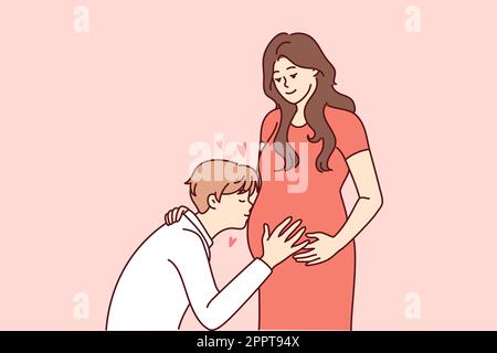 Ein glücklicher Mann küsst den Bauch einer schwangeren Frau Stock Vektor