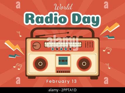 World Radio Day am 13. Februar von Idea for Landing Page Template, Banner und Poster in einer handgezeichneten Illustration mit flachem Cartoon-Hintergrund Stock Vektor