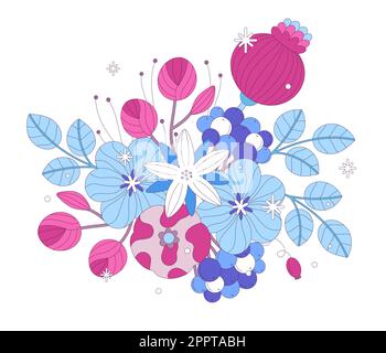 Verschneiter Winterstrauß isoliert auf weißem Hintergrund. Blumenzusammensetzung. Blumen mit Schnee. Elegantes Design für Notebook-Cover, Poster, Kleidungsdrucke, Grußkarten und Hochzeitseinladungen. Stock Vektor