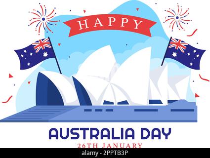 Happy Australia Day findet jedes Jahr am 26.. Januar statt, mit Flaggen und einer Karte zur Vielseitigkeit der Menschen in flachem Cartoon, handgezeichnete Vorlage Stock Vektor