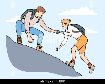 Ein Mann hilft einer Freundin beim Wandern Stock Vektor