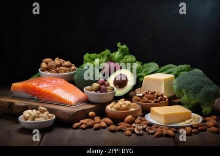 Keto-Diät, für die Diät geeignete Produkte liegen auf dem Tisch Stockfoto