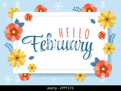 Hallo Februar-Monat mit Blumen, Herzen, Blättern und süßen Buchstaben zur Dekoration Hintergrund in flacher Cartoon Handgemalte Vorlagen Illustration Stock Vektor