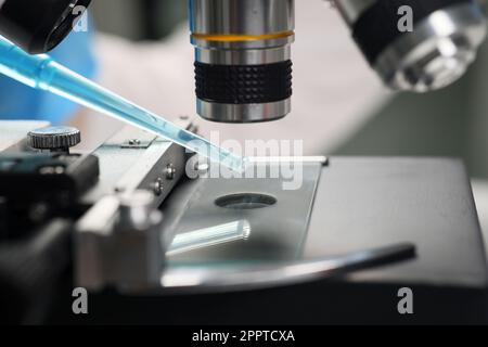 Wissenschaftler untersuchen blaues Reagenz unter elektronischem Mikroskop Stockfoto