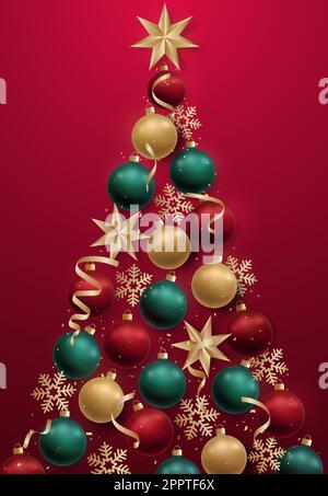 Weihnachtsbaum aus roten, grünen, goldenen Kugeln, Schneeflocken, Schlangenhaut und Sternen. Neujahrsgrüße und Weihnachtselemente und Symbole in abstrakter Baumform. Stock Vektor