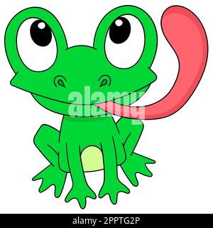 Ein Karikaturfrosch, der aus der Zunge ragt, mit einem lächelnden Gesicht und einem kritzelnden Symbolbild Stock Vektor