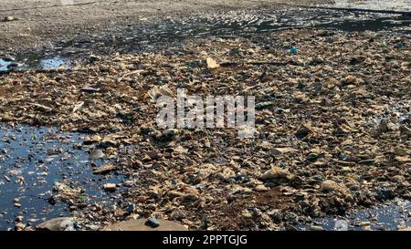 Kunststoffflaschen und andere nicht abbaubare Abfälle in Wasser, das Wasser verunreinigt und die Umwelt schädigt Stockfoto