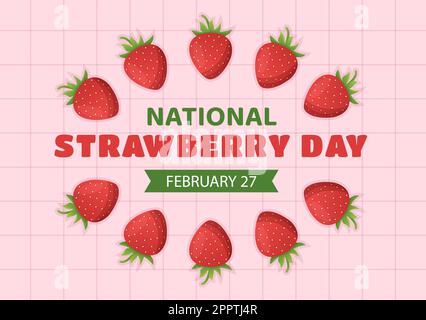 National Strawberry Day am 27. Februar zur Feier der Illustration „Sweet Little Red Fruit in Flat Cartoon Hand Drawn Templates“ Stock Vektor