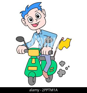 Ein Mann, der auf einer Vespa fährt, mit einem fröhlichen Gesicht, einem kawaii-Symbol Stock Vektor