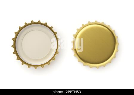 Goldene Bierkappen, isoliert auf weißem Hintergrund. Leere Metall-Soda-Kappen-Modelle. 3D-Rendering-Abbildung. Stockfoto