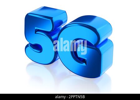 Blaues metallisches Logo für drahtlose 5G-Kommunikationstechnologie, Symbol, Symbol isoliert auf weiß. 3D-Rendering-Abbildung. Stockfoto