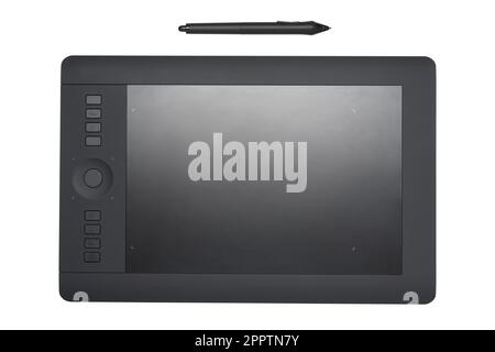 Grafiktablette mit isoliertem Stift auf weißem Hintergrund. Professionelles Werkzeug für Illustratoren, Designer, Retuschierer. Stockfoto