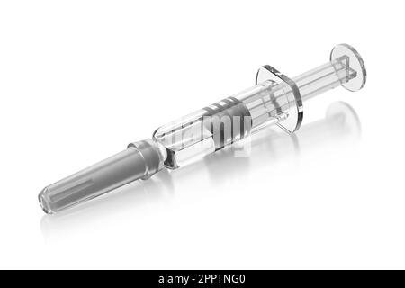 Fertigspritze isoliert auf weißem Boden. 3D-Rendering-Abbildung. Stockfoto