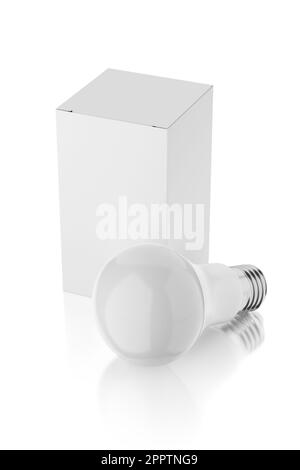 LED-Leuchtmittel mit leerer Papierbox isoliert auf weiß. Modellvorlage. 3D-Rendering-Abbildung. Stockfoto