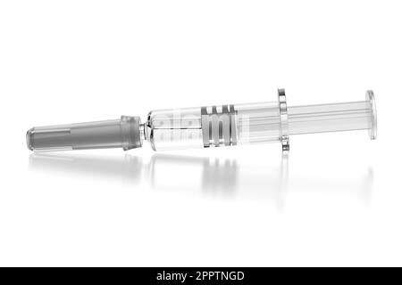 Fertigspritze isoliert auf weißem Boden. 3D-Rendering-Abbildung. Stockfoto